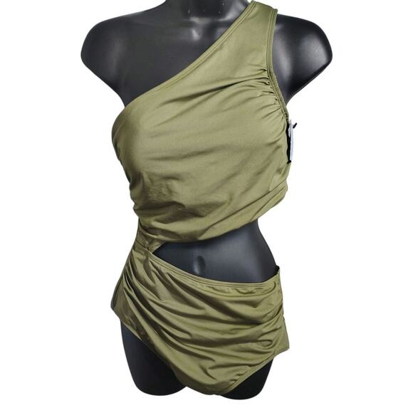 Shade Shore Shirred Cut One Shoulder One Piece Swimsuit Olive Green Medium - Picture 2 of 5